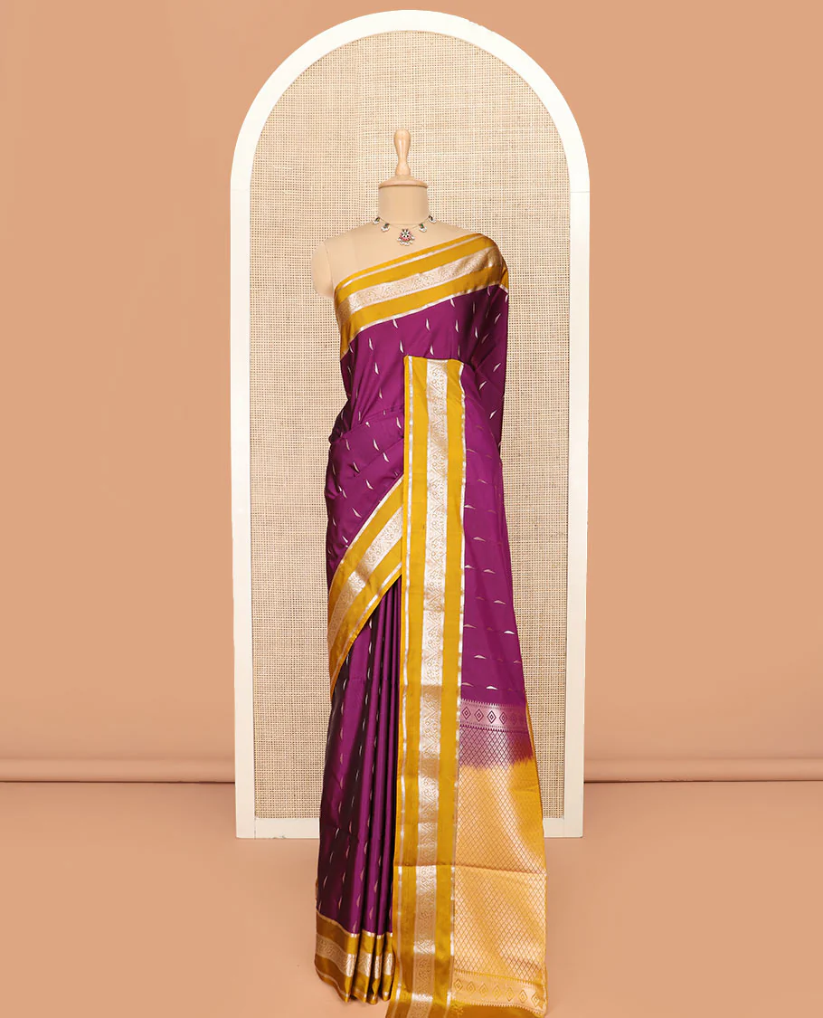 Purple Semi-Soft Silk Saree Ornamented with Zari Buttas Woven Across Its Body, Complemented by a Contrast Varisai Pettu Traditional Zari Border, Grandly Decked Up Pallu of Jaal Designs, and Paired with a Contrast Blouse - Image 3