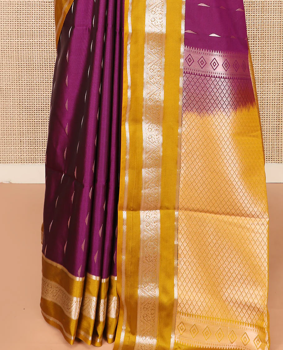 Purple Semi-Soft Silk Saree Ornamented with Zari Buttas Woven Across Its Body, Complemented by a Contrast Varisai Pettu Traditional Zari Border, Grandly Decked Up Pallu of Jaal Designs, and Paired with a Contrast Blouse - Image 4