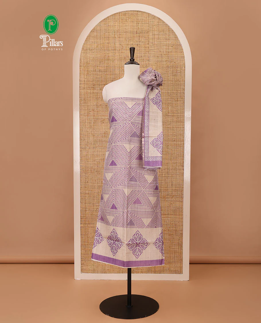 Purple semi-tussar material chudidar set, triangle printed top, heathered bottom & dupatta of triangle & four-petal floral print