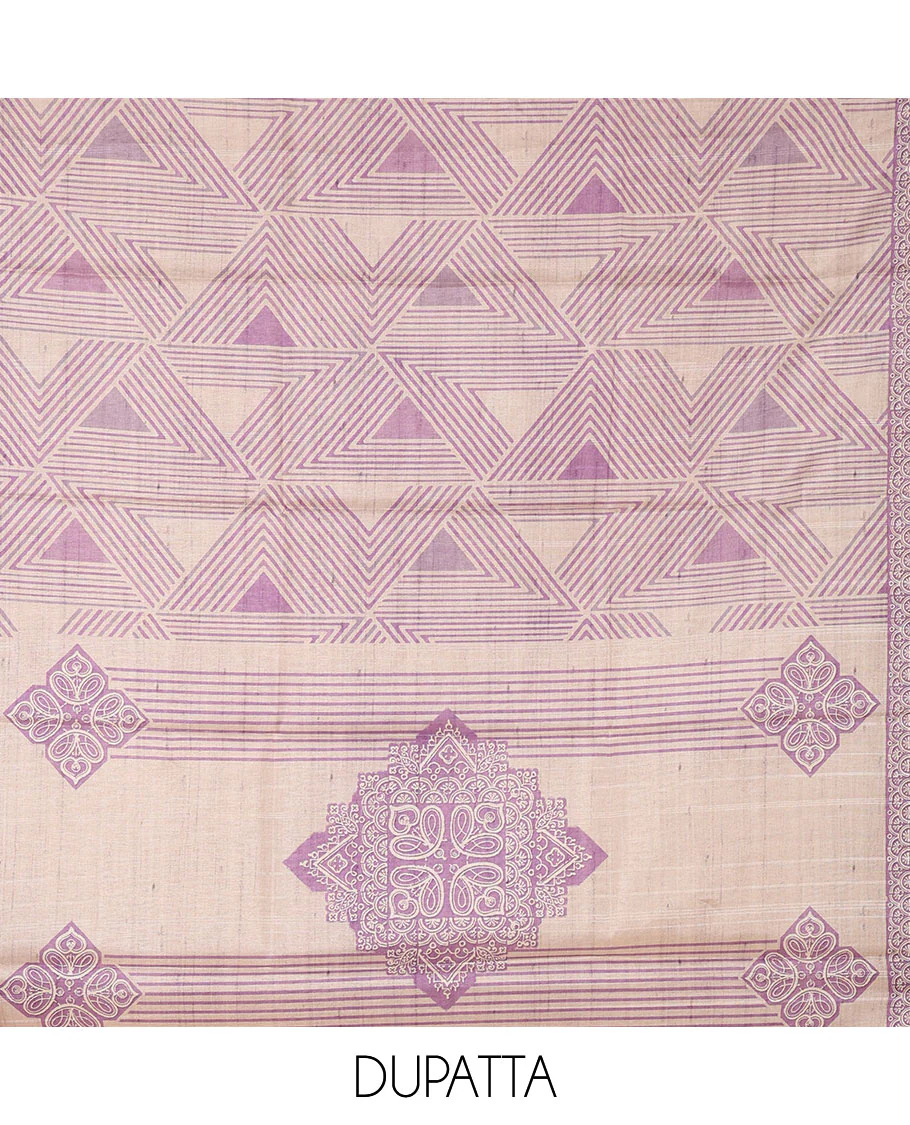 Purple semi-tussar material chudidar set, triangle printed top, heathered bottom & dupatta of triangle & four-petal floral print - Image 2