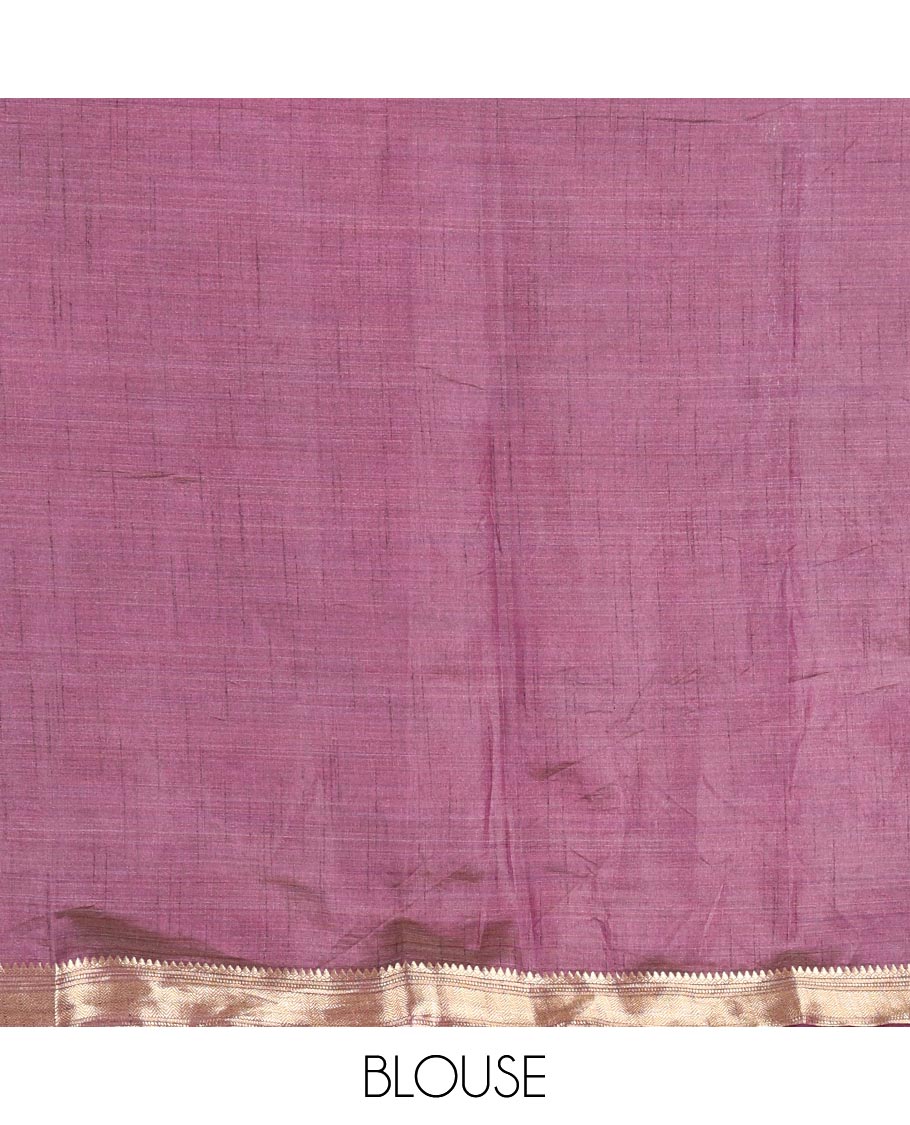 Purple Semi-Tussar Saree Subtly Sparked with Hexagonal Geometric Patterns Printed All Over Its Body, Featuring Traditional Zari Design Border, Gleaming Zari Striped Pallu, and a Matching Blouse - Image 3