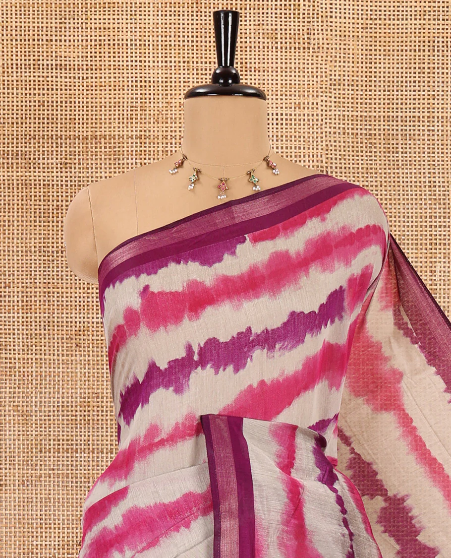 Purple shibori printed muslin cotton saree, contrast zari border, village theme printed pallu, and a contrast dots printed blouse - Image 2