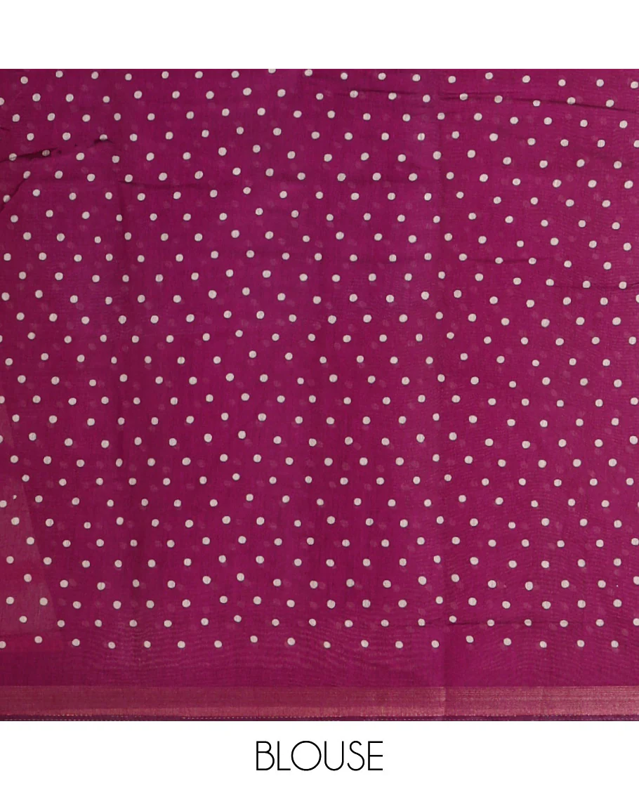 Purple shibori printed muslin cotton saree, contrast zari border, village theme printed pallu, and a contrast dots printed blouse - Image 3