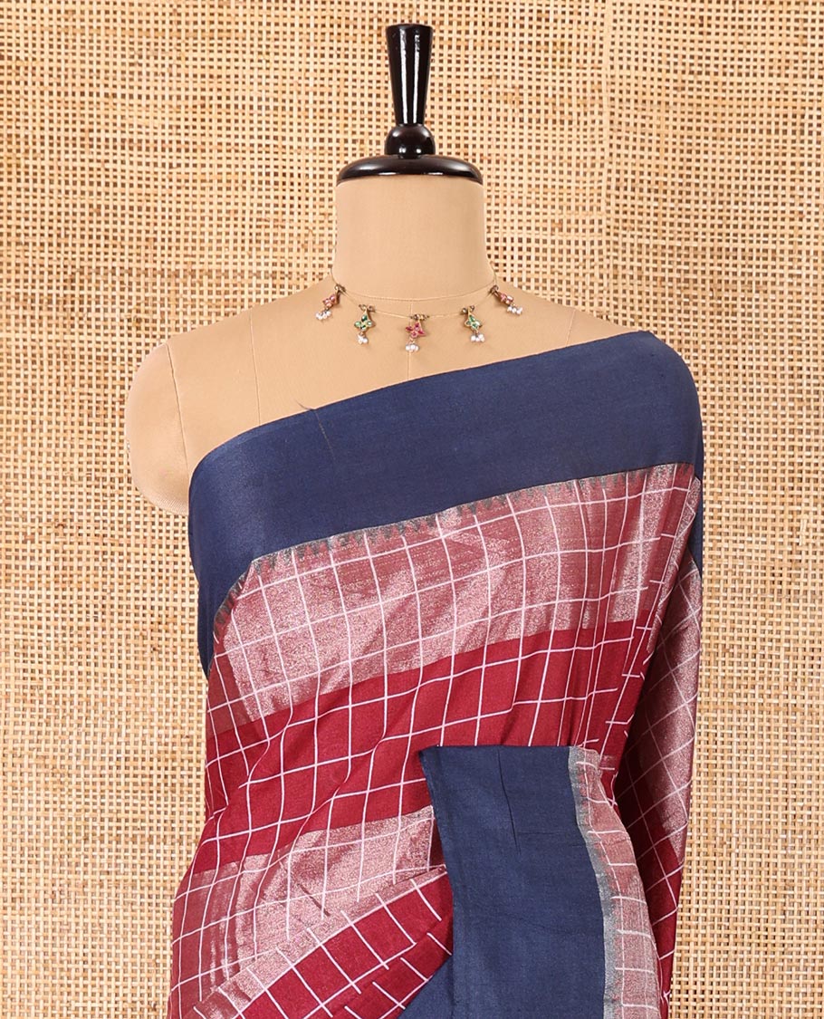 Purple silver zari checked Bhagalpur cotton saree, contrast plain border, striped pallu, and a contrast silver zari blouse - Image 3