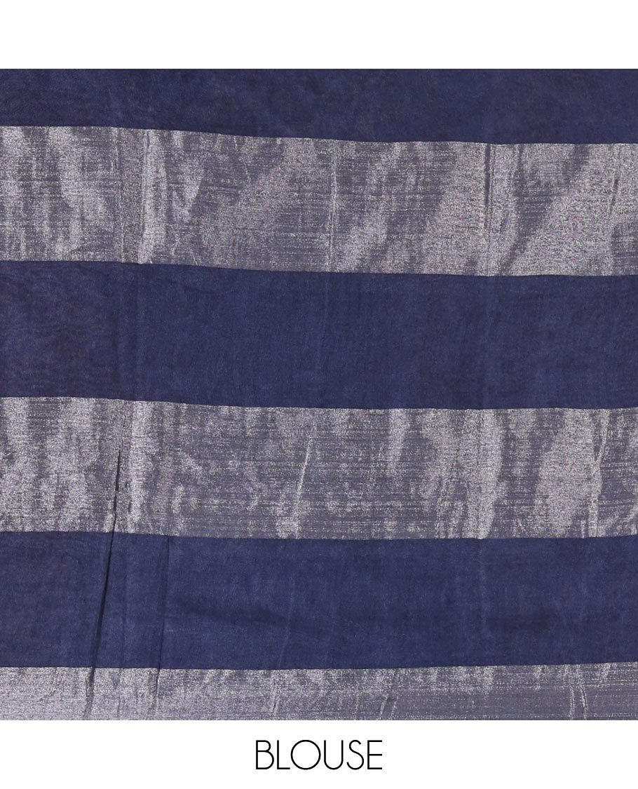 Purple silver zari checked Bhagalpur cotton saree, contrast plain border, striped pallu, and a contrast silver zari blouse - Image 4
