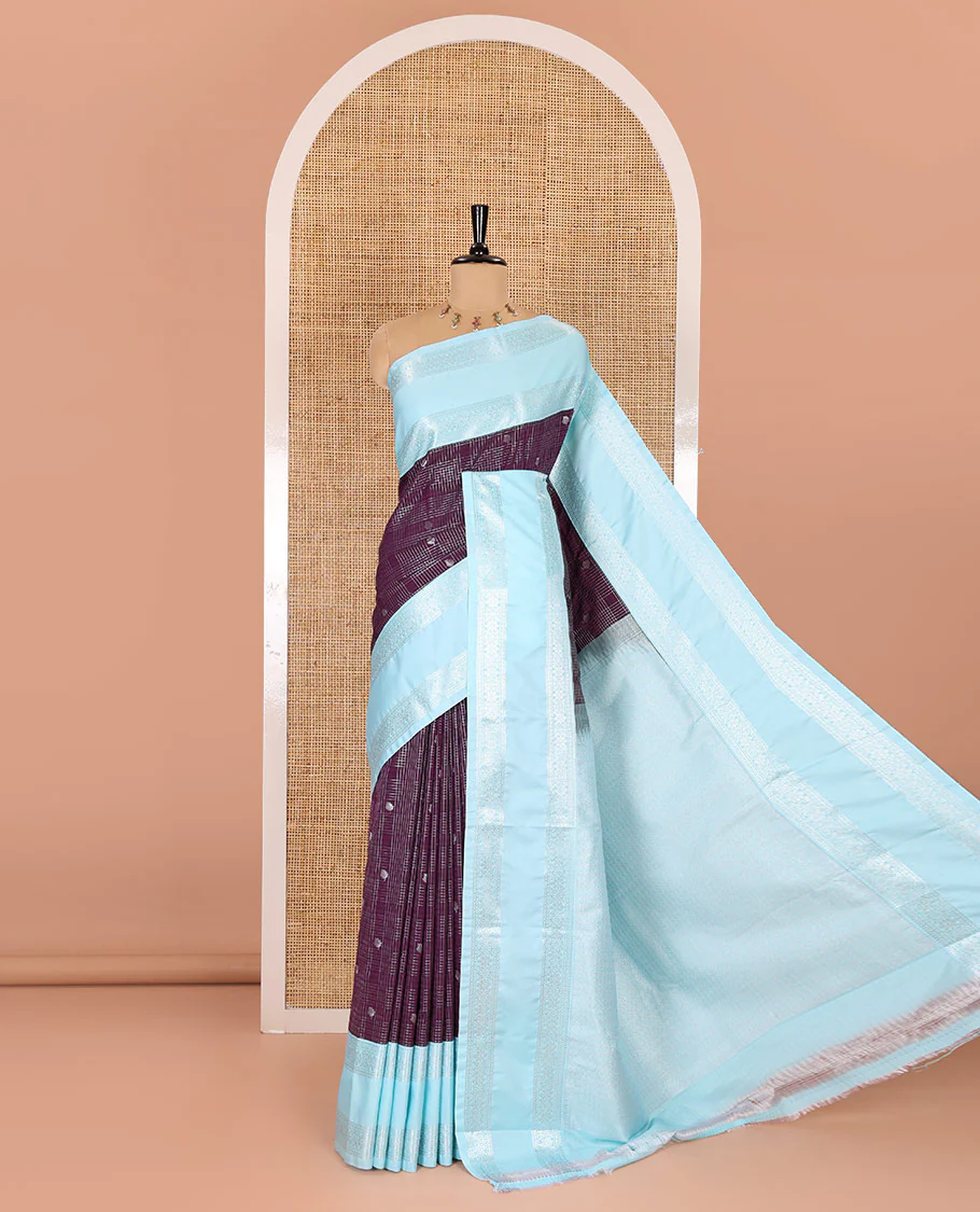 Purple silver zari checks and buttas Kanchi soft silk saree, contrast traditional zari rettai pettu border, intricate pallu, and a contrast plain blouse
