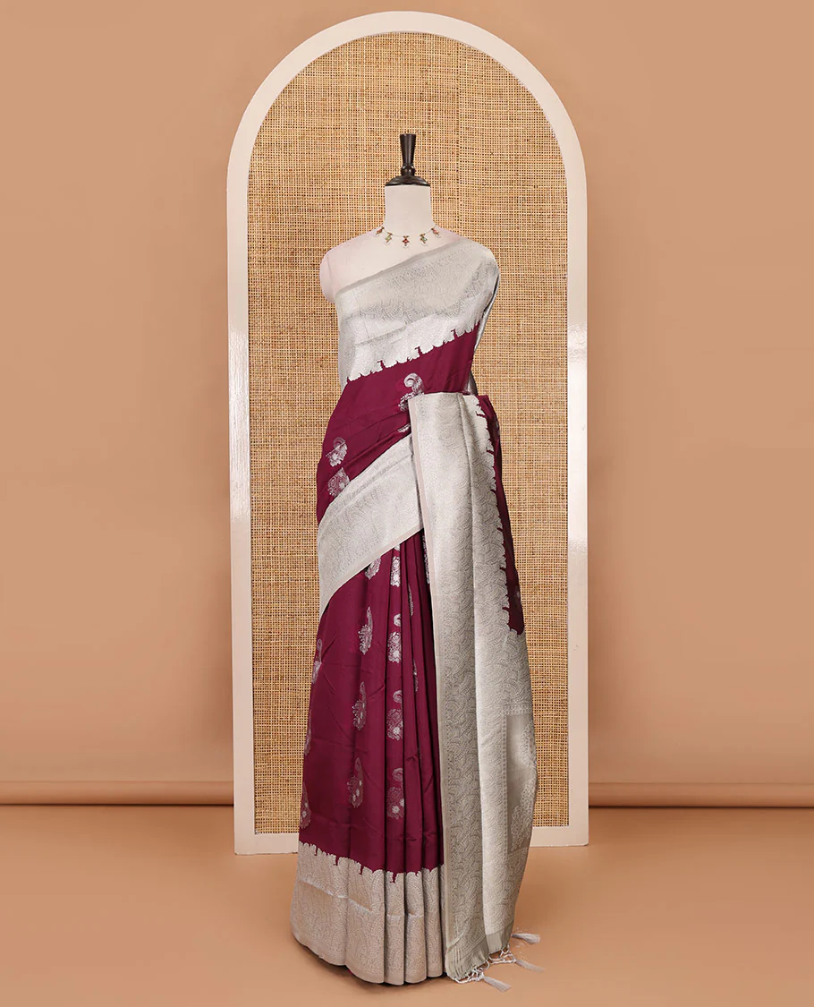 Purple silver zari manga buttas Elite soft silk saree, contrast traditional zari border, intricate zari pallu & contrast zari buttas blouse - Image 2