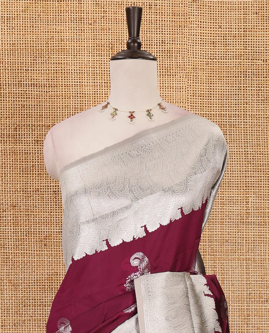 Purple silver zari manga buttas Elite soft silk saree, contrast traditional zari border, intricate zari pallu & contrast zari buttas blouse - Image 3