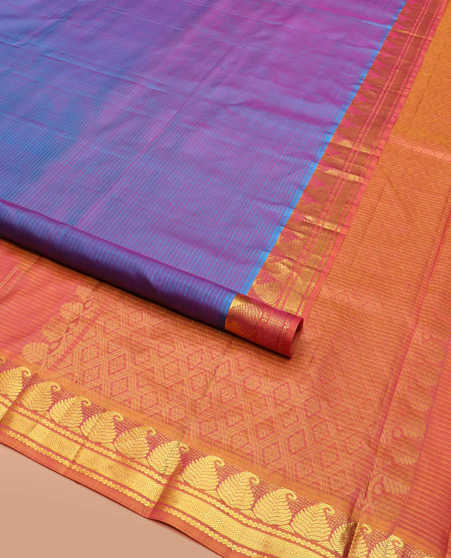 Purple Striped Kanchipuram Silk Saree Embellished with Contrast Border Featuring Manga, Neli, and Vanki Designs, Jaal Design Woven Pallu, and a Contrast Blouse - Image 2