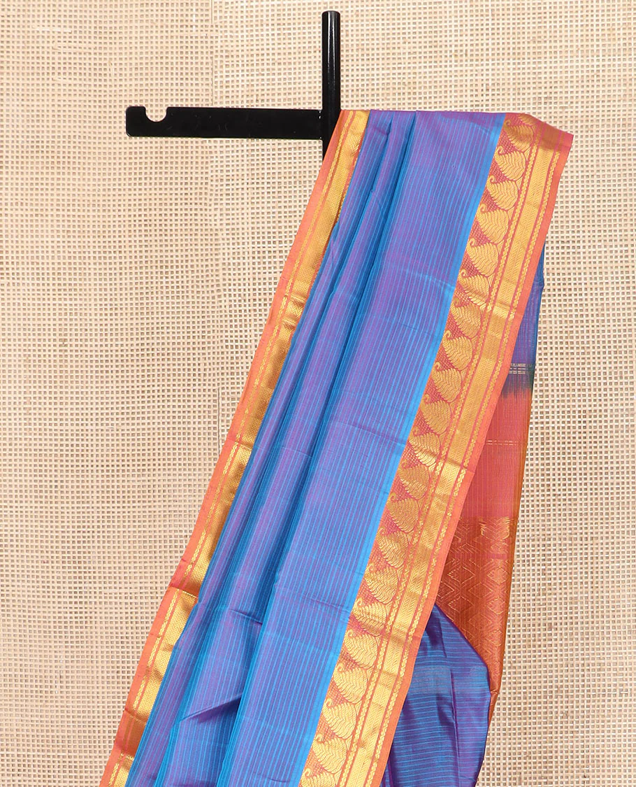 Purple Striped Kanchipuram Silk Saree Embellished with Contrast Border Featuring Manga, Neli, and Vanki Designs, Jaal Design Woven Pallu, and a Contrast Blouse - Image 3