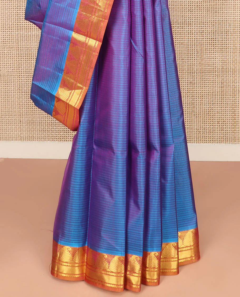 Purple Striped Kanchipuram Silk Saree Embellished with Contrast Border Featuring Manga, Neli, and Vanki Designs, Jaal Design Woven Pallu, and a Contrast Blouse - Image 4
