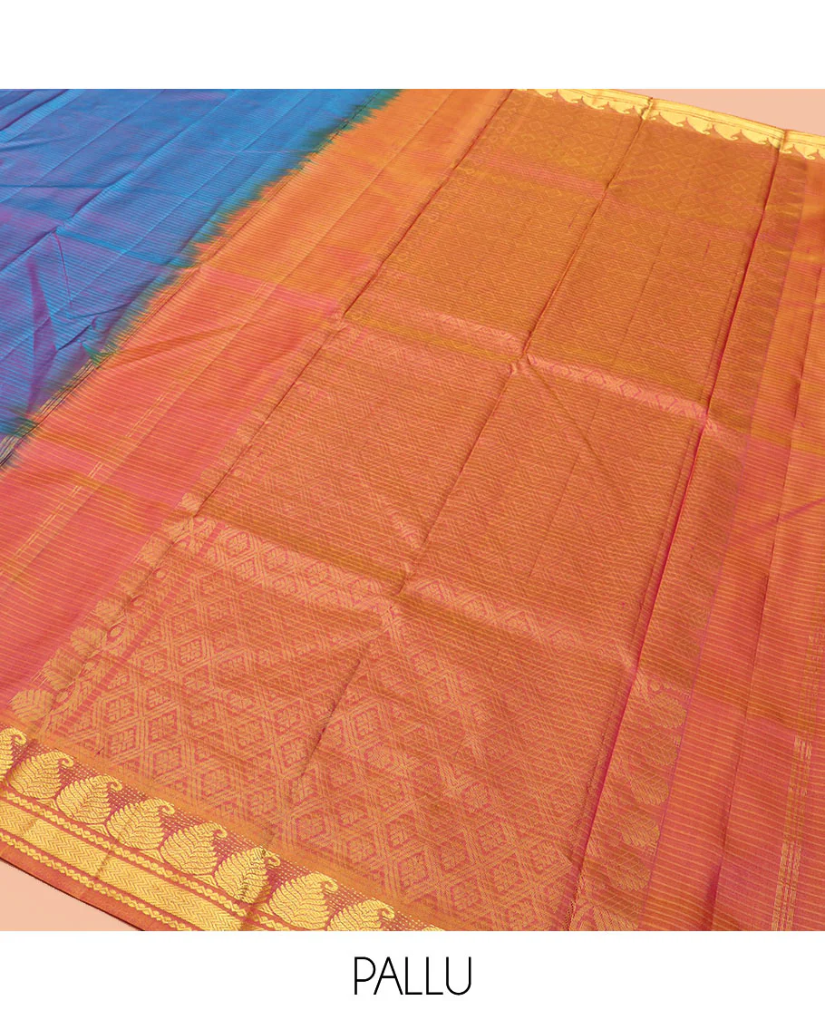 Purple Striped Kanchipuram Silk Saree Embellished with Contrast Border Featuring Manga, Neli, and Vanki Designs, Jaal Design Woven Pallu, and a Contrast Blouse - Image 5