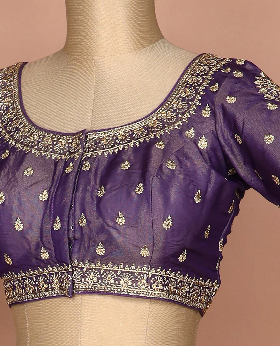 Purple thread and sequins embroidered round neck elbow sleeve raw silk readymade blouse - Image 2