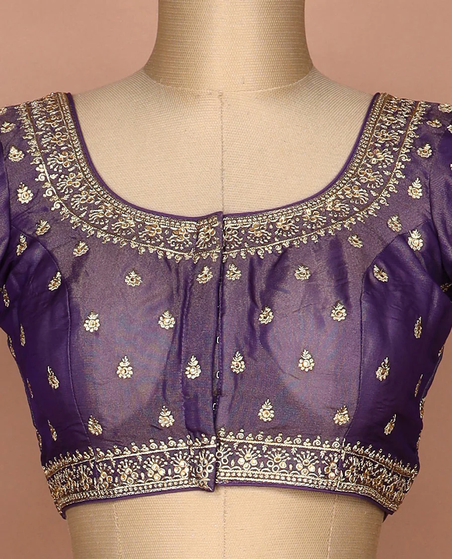 Purple thread and sequins embroidered round neck elbow sleeve raw silk readymade blouse - Image 3