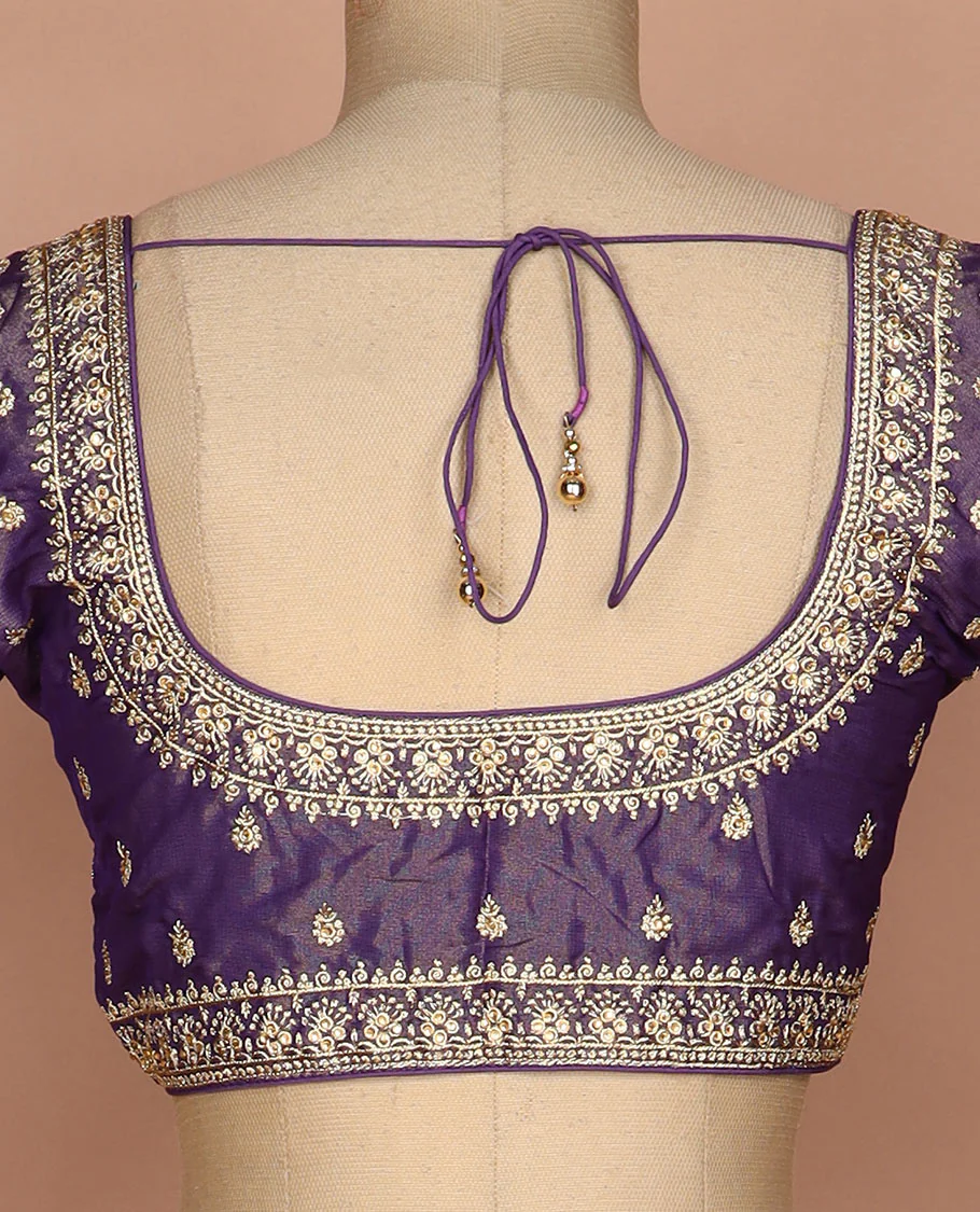 Purple thread and sequins embroidered round neck elbow sleeve raw silk readymade blouse - Image 4