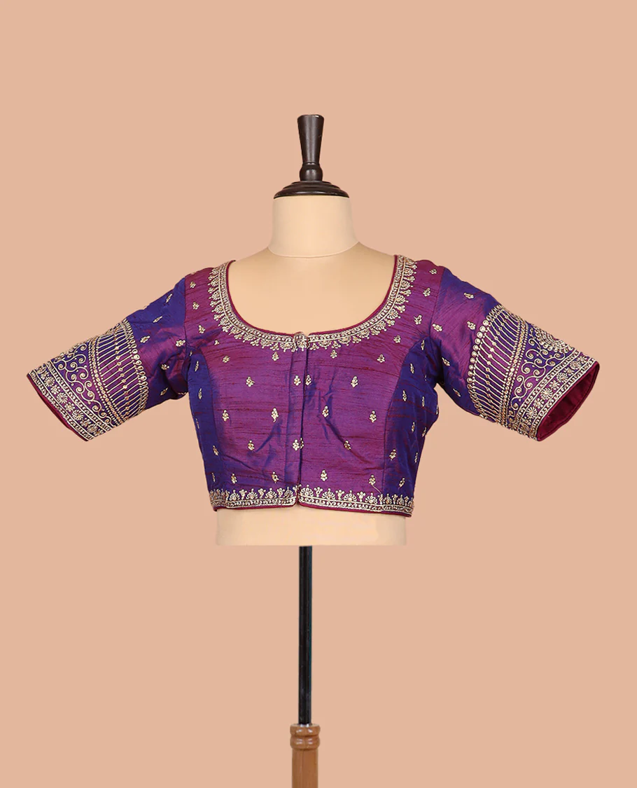 Purple thread embroidered front-and-back round elbow-sleeve readymade blouse