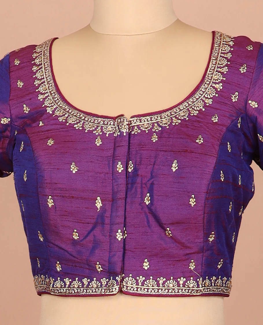 Purple thread embroidered front-and-back round elbow-sleeve readymade blouse - Image 2