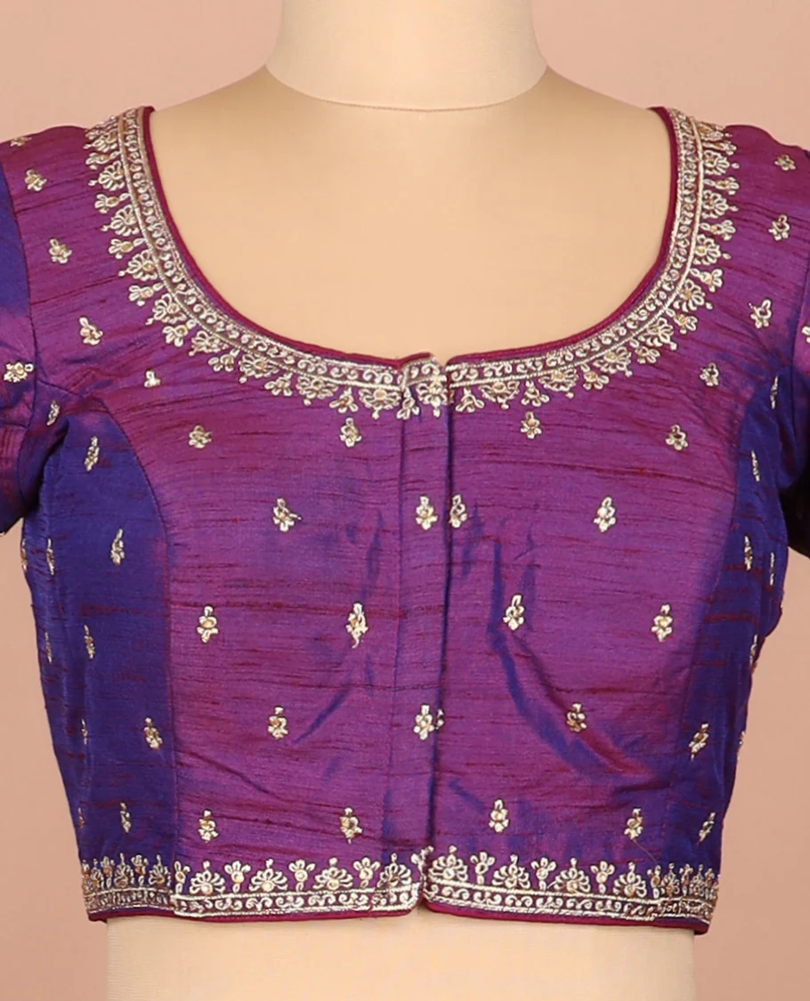 Purple thread embroidered front-and-back round elbow-sleeve readymade blouse - Image 3