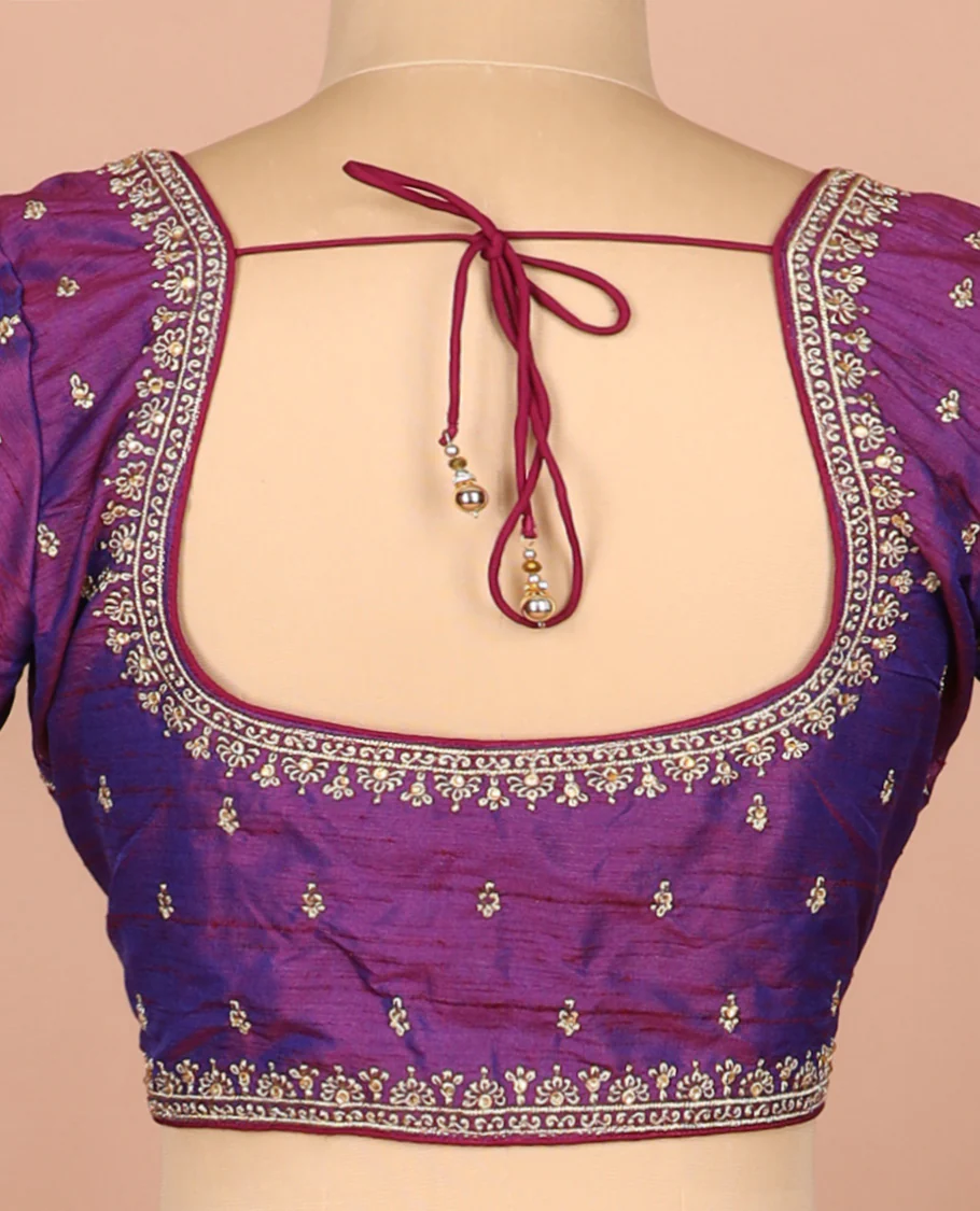 Purple thread embroidered front-and-back round elbow-sleeve readymade blouse - Image 4