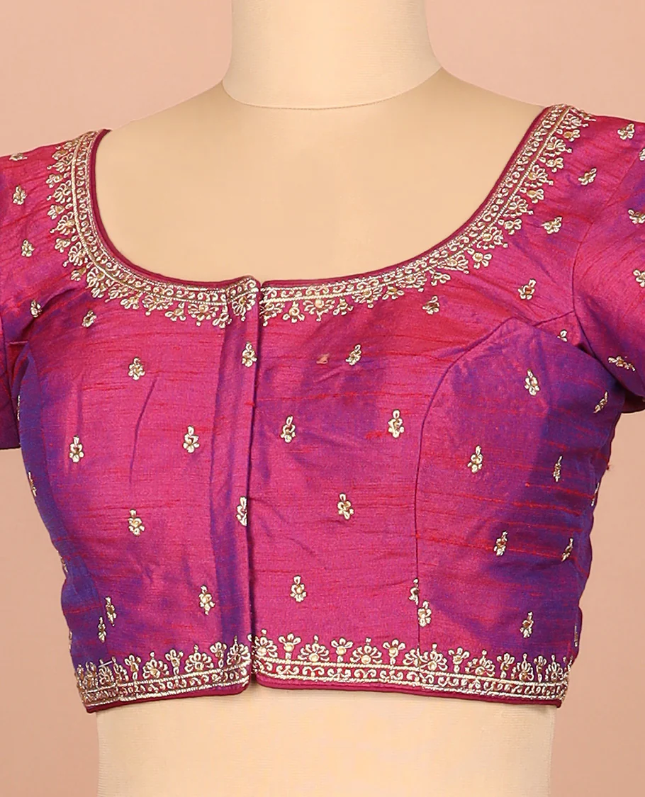 Purple thread embroidered front-and-back round elbow-sleeve readymade blouse - Image 2