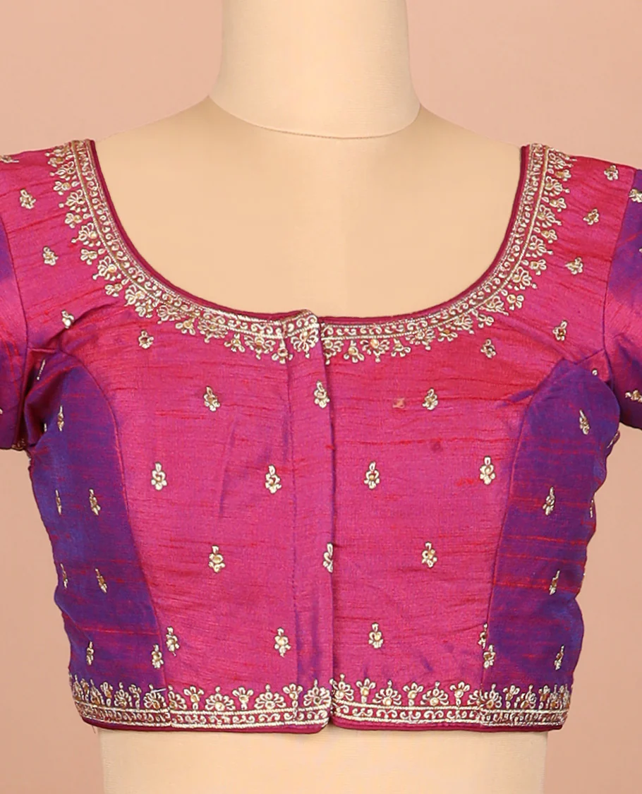 Purple thread embroidered front-and-back round elbow-sleeve readymade blouse - Image 3