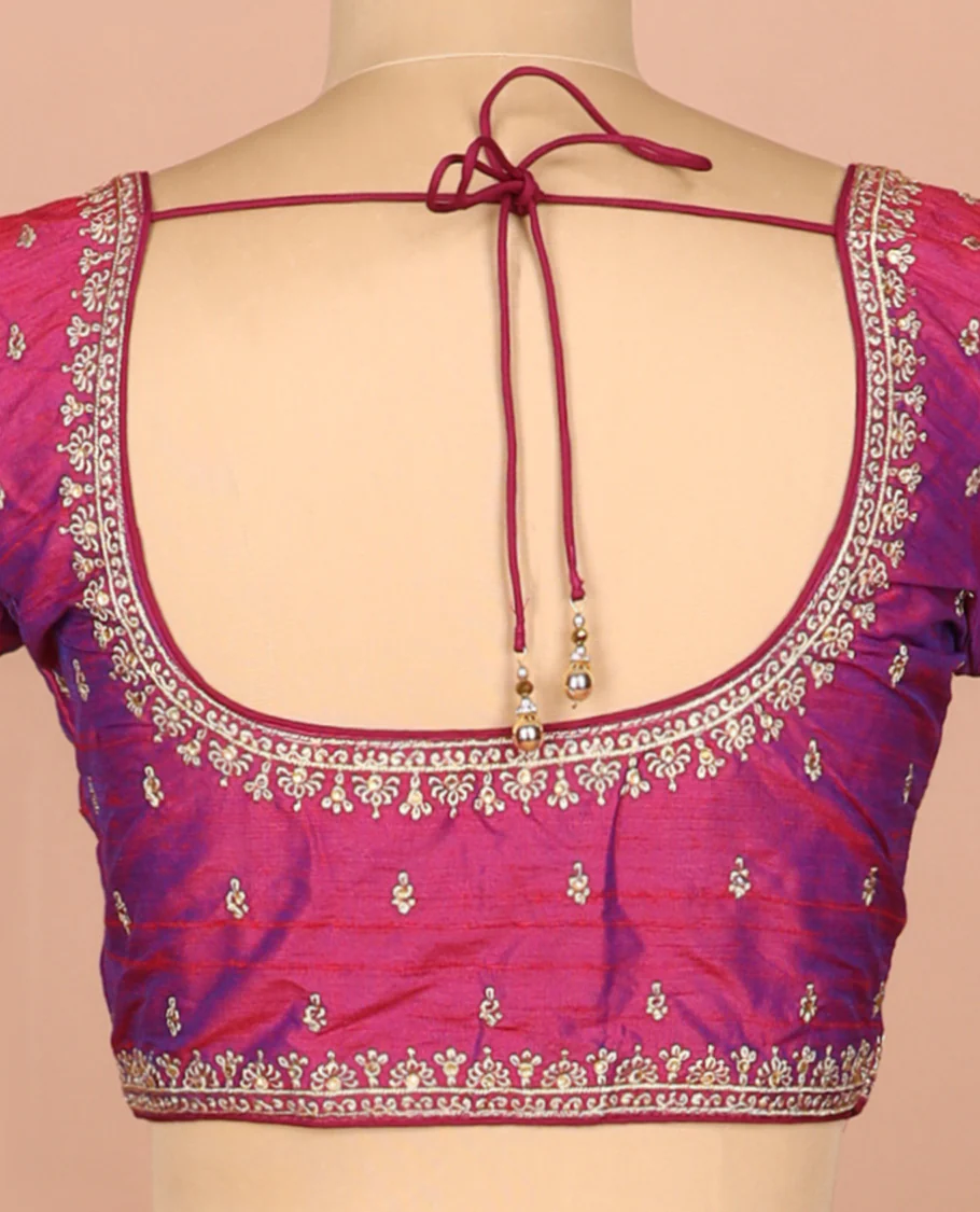 Purple thread embroidered front-and-back round elbow-sleeve readymade blouse - Image 4