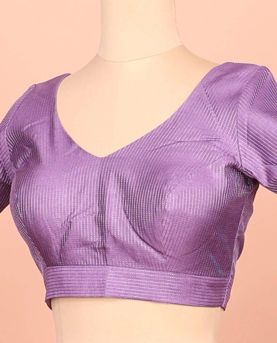 Purple thread work front-back leaf-neck elbow sleeve readymade blouse - Image 2