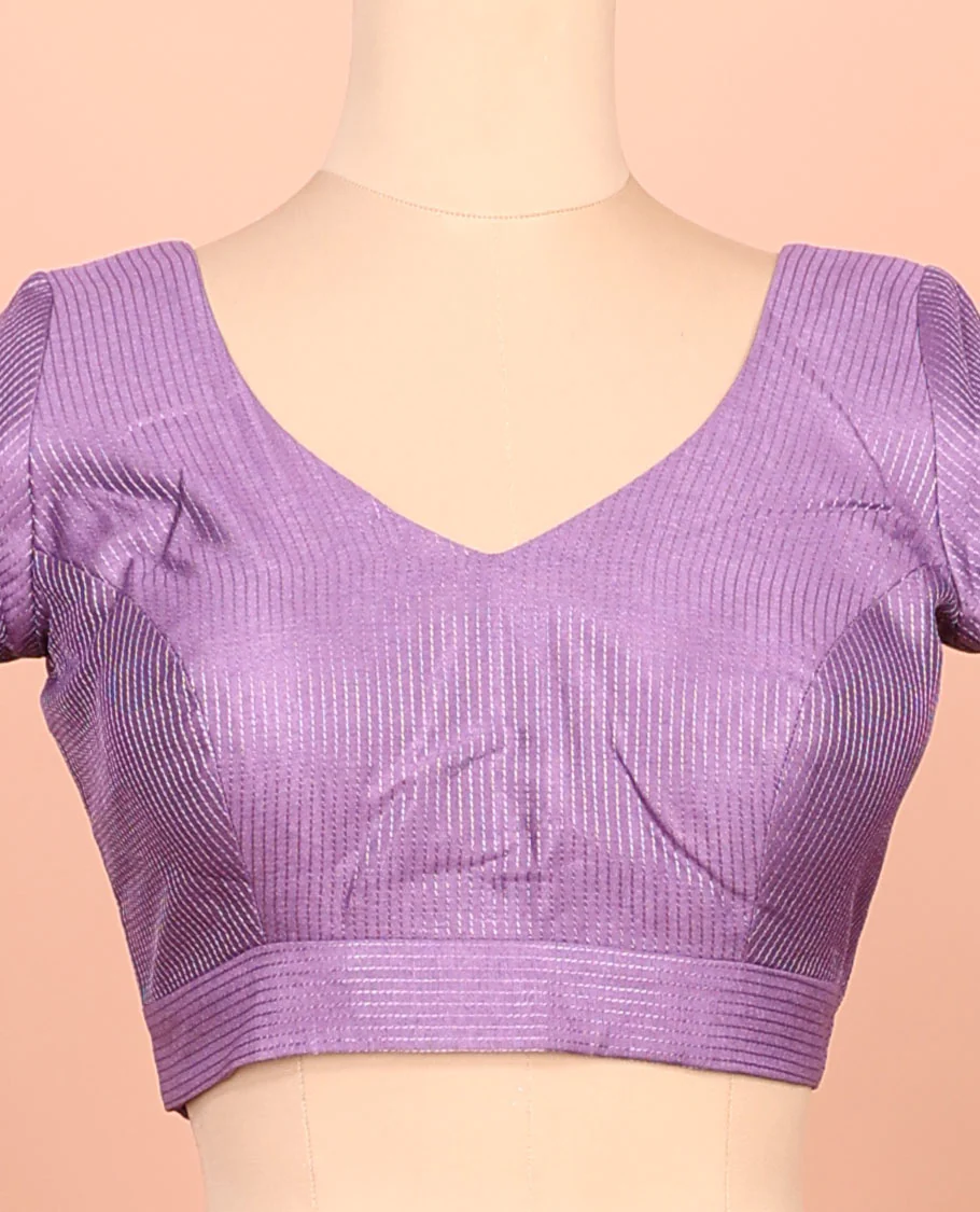 Purple thread work front-back leaf-neck elbow sleeve readymade blouse - Image 3