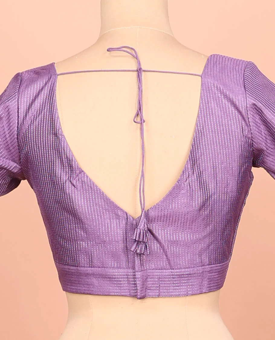 Purple thread work front-back leaf-neck elbow sleeve readymade blouse - Image 4