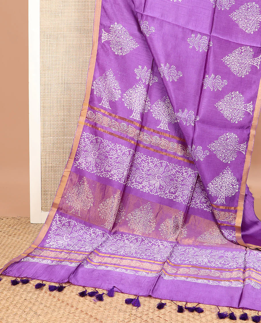 Purple tree motifs printed banana pith saree, zari border, and floral printed pallu - Image 2
