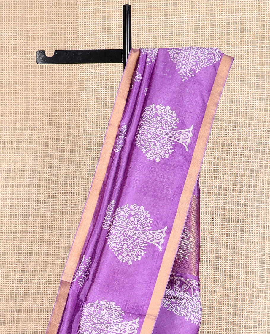 Purple tree motifs printed banana pith saree, zari border, and floral printed pallu - Image 3