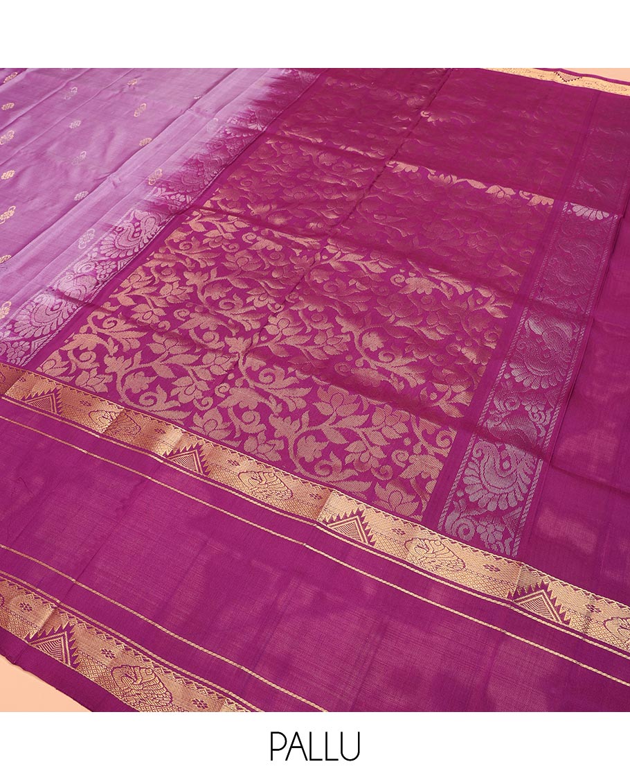 Purple Uppada Silk Saree Elevated with Floral Buttas, Captivating Contrast Border of Traditional Zari Motifs and Peacock Motifs, Pallu Depicting Floral Jaal Design, and Paired with a Contrast Zari-Bordered Blouse - Image 5