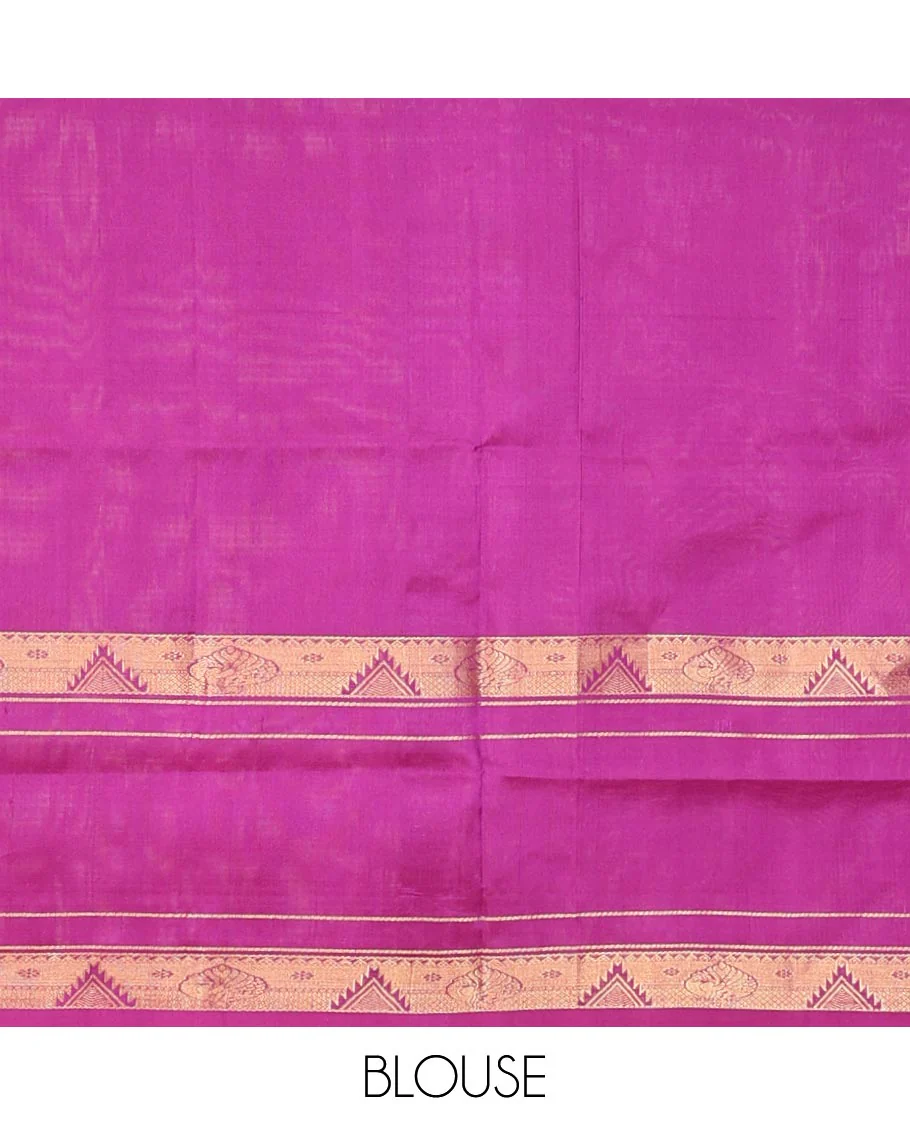 Purple Uppada Silk Saree Elevated with Floral Buttas, Captivating Contrast Border of Traditional Zari Motifs and Peacock Motifs, Pallu Depicting Floral Jaal Design, and Paired with a Contrast Zari-Bordered Blouse - Image 6