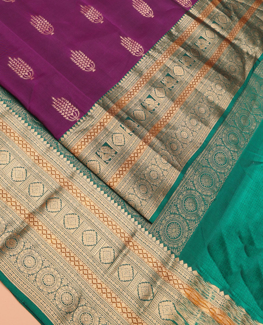 Purple Vasundhara Lite Silk Mix Saree Featuring Layered Deepam Buttas, Complemented by a Contrast Border of Thilakam Mokku, Muthu, Rudraksham, Lavangam, Laddu Kamalam, and Chakram Designs, Pallu Steeped with Chakram Designs, and a Contrast Blouse - Image 2