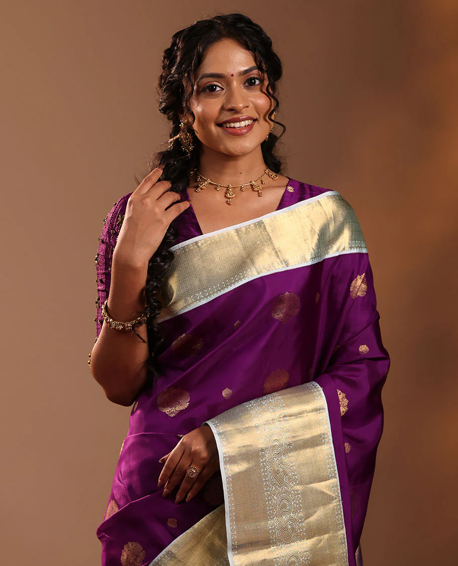 Purple Vasundhara Silk Saree Adorned with Zari Buttas, Enthralled with a Contrast Border of Mayil Kann, Mayil, and Rudraksham Designs, Complemented by a Pallu of Intricate Zari Designs, and Paired with a Contrast Blouse - Image 2
