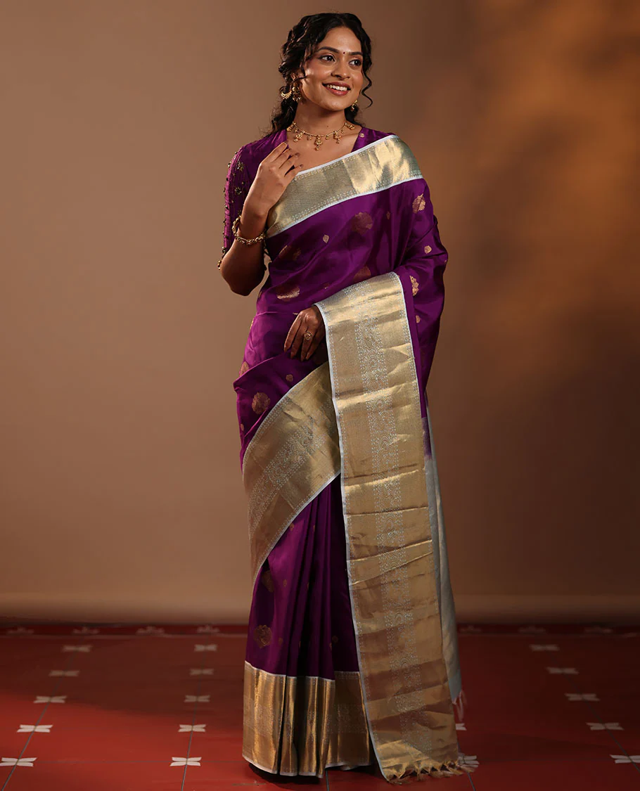 Purple Vasundhara Silk Saree Adorned with Zari Buttas, Enthralled with a Contrast Border of Mayil Kann, Mayil, and Rudraksham Designs, Complemented by a Pallu of Intricate Zari Designs, and Paired with a Contrast Blouse - Image 3