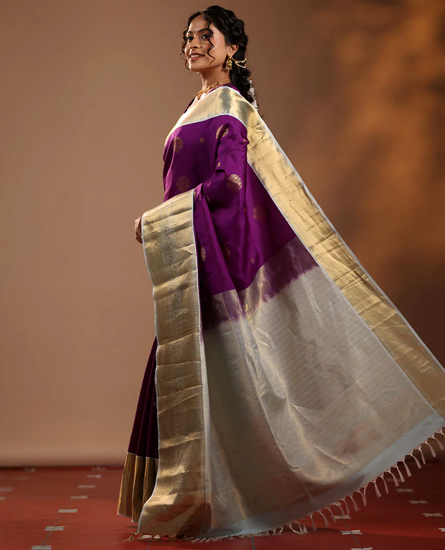 Purple Vasundhara Silk Saree Adorned with Zari Buttas, Enthralled with a Contrast Border of Mayil Kann, Mayil, and Rudraksham Designs, Complemented by a Pallu of Intricate Zari Designs, and Paired with a Contrast Blouse - Image 6