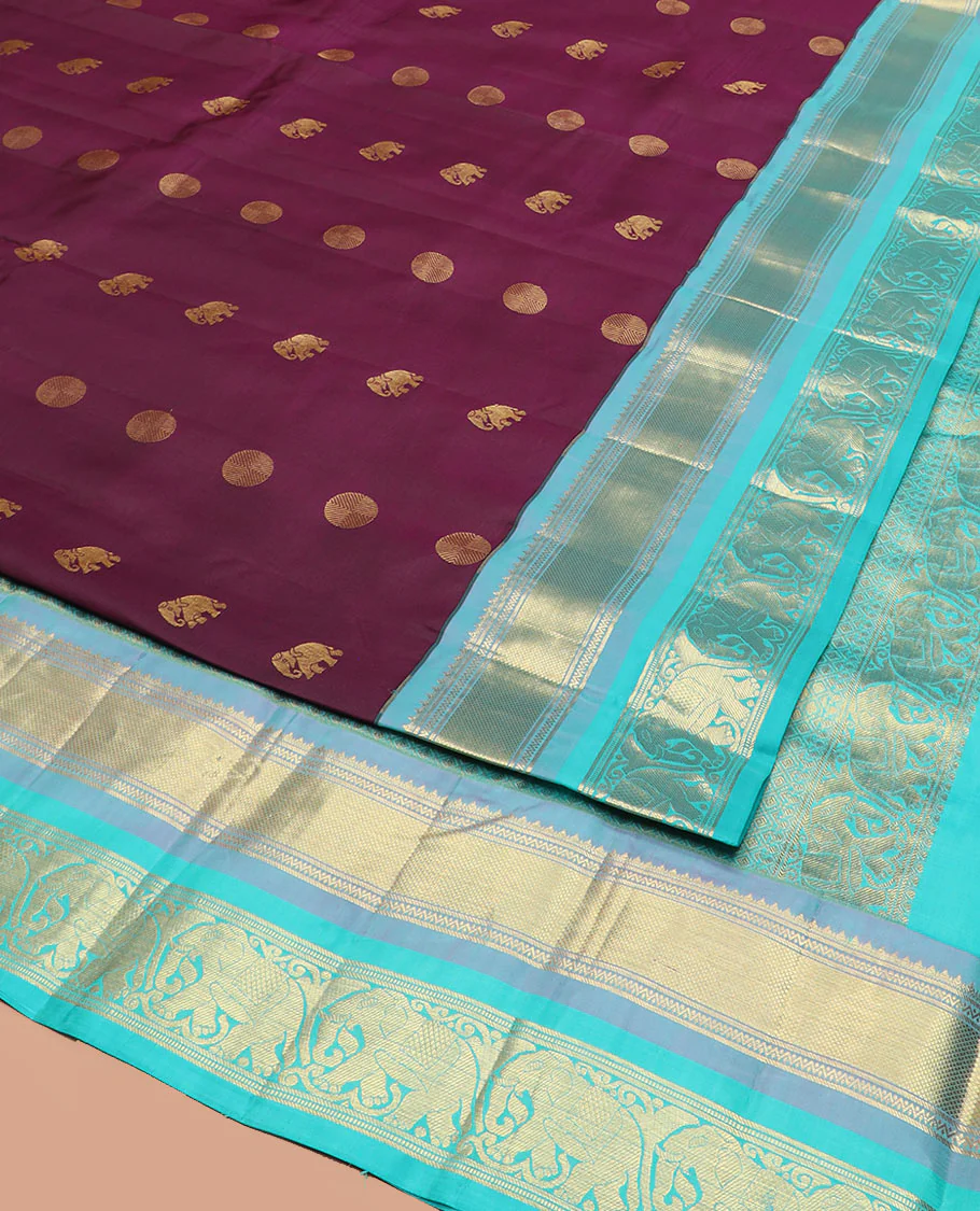 Purple Vasundhara Silk Saree Beautified with Yaanai and Poun Buttas, Complemented by a Contrast Border of Neli, Mayil Kann, Muthu, Banaras, and Yaanai Designs, Pallu Woven in Jaal Design, and Paired with a Contrast Blouse - Image 2