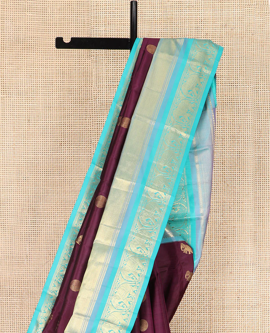 Purple Vasundhara Silk Saree Beautified with Yaanai and Poun Buttas, Complemented by a Contrast Border of Neli, Mayil Kann, Muthu, Banaras, and Yaanai Designs, Pallu Woven in Jaal Design, and Paired with a Contrast Blouse - Image 3