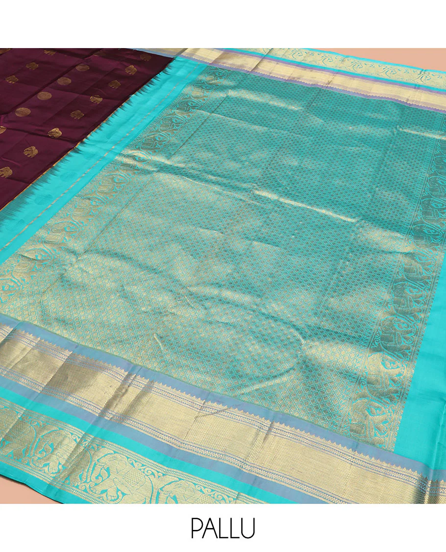 Purple Vasundhara Silk Saree Beautified with Yaanai and Poun Buttas, Complemented by a Contrast Border of Neli, Mayil Kann, Muthu, Banaras, and Yaanai Designs, Pallu Woven in Jaal Design, and Paired with a Contrast Blouse - Image 5