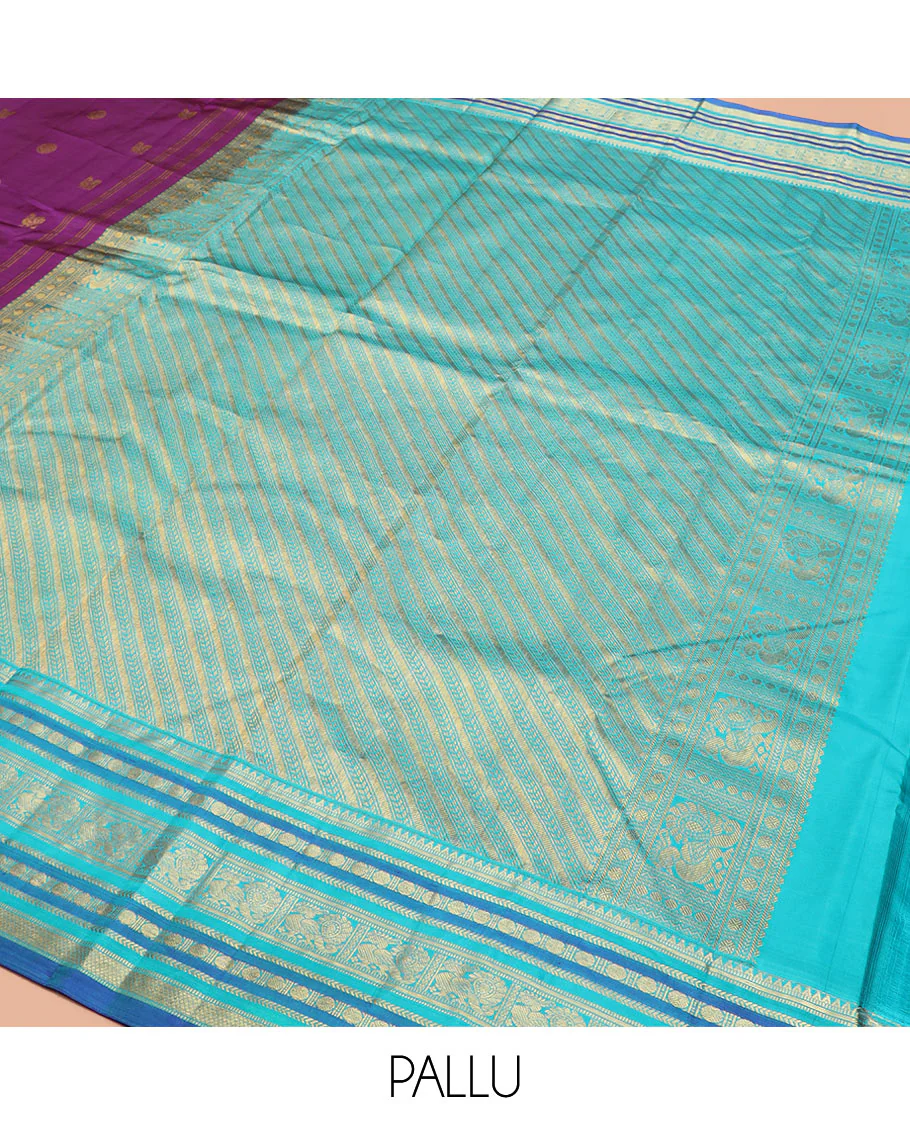 Purple Vasundhara Silk Saree Detailed with Mayil Chakram Buttas, Complemented by a Contrast Varisai Pettu Border of Rekku, Muthu, Kathir, Rudraksham, Mayil, and Mayil Kann Designs, Gleaming Pallu of Diagonal Stripes, and Paired with a Contrast Blouse - Image 5