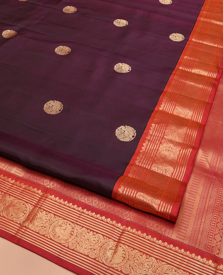 Purple Vasundhara Silk Saree Enthralled with Round Mayil Buttas, Highlighted with a Contrast Border of Thilakam Mokku, Kathir, Banaras, and Mayil Designs, Pallu Decorated with Jaal Design, and Paired with a Contrast Blouse - Image 2