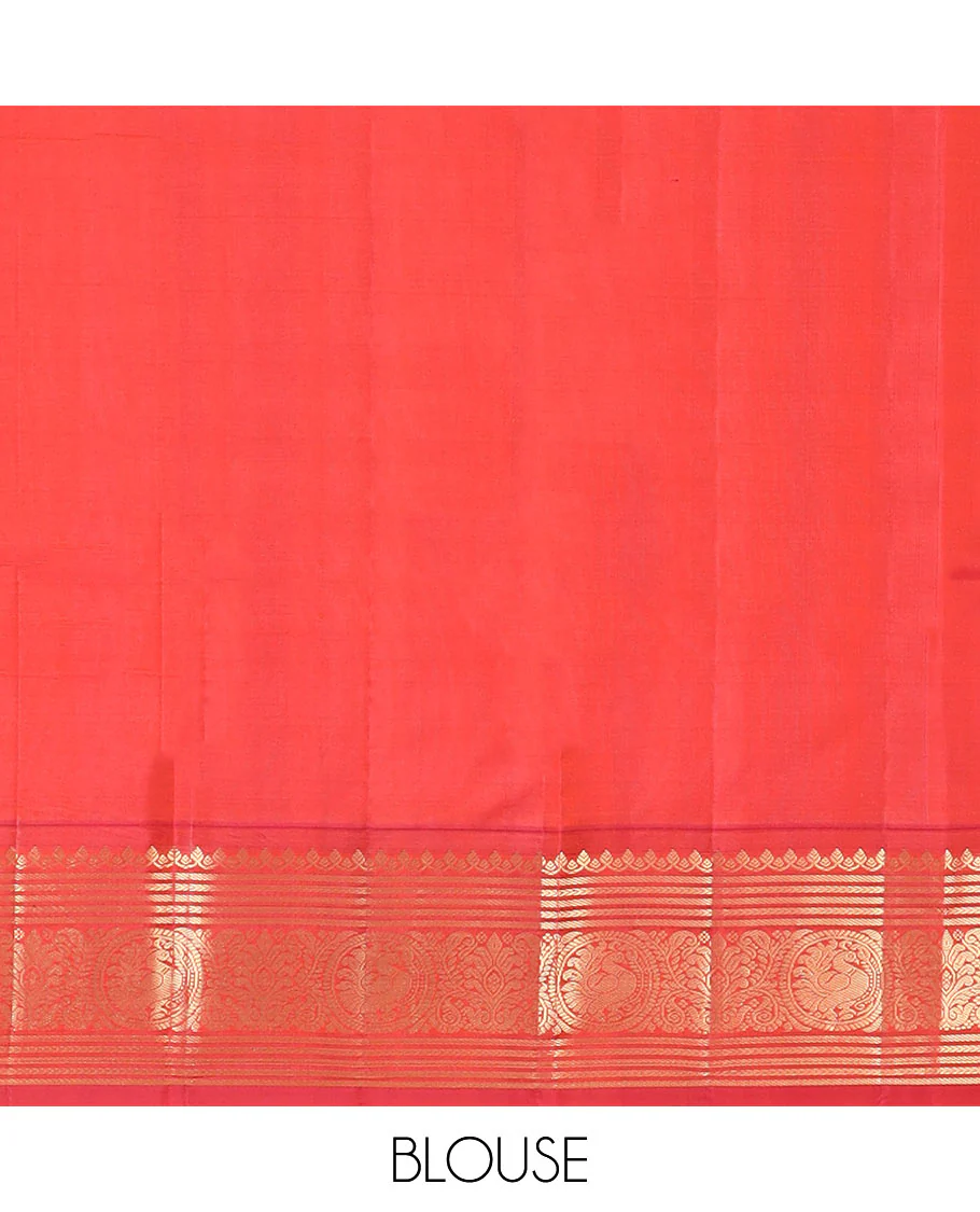Purple Vasundhara Silk Saree Enthralled with Round Mayil Buttas, Highlighted with a Contrast Border of Thilakam Mokku, Kathir, Banaras, and Mayil Designs, Pallu Decorated with Jaal Design, and Paired with a Contrast Blouse - Image 6