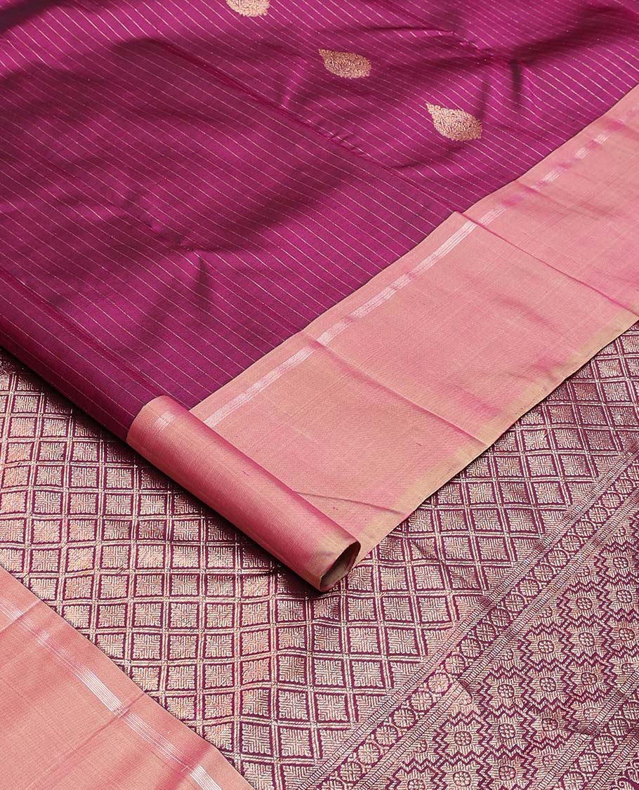Purple zari buttas and striped Kanchipuram silk saree, contrast zari striped border, and contrast pallu of jaal design - Image 2