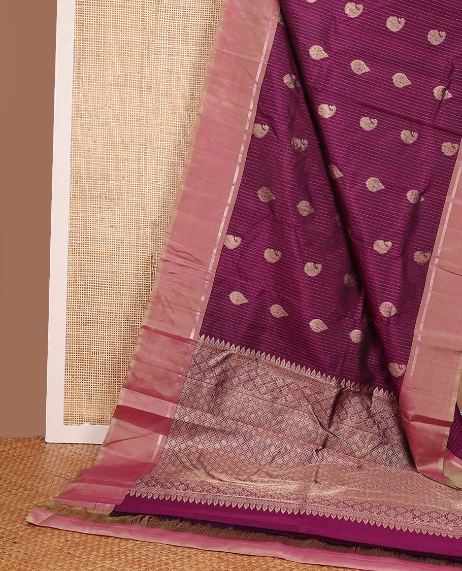 Purple zari buttas and striped Kanchipuram silk saree, contrast zari striped border, and contrast pallu of jaal design - Image 3