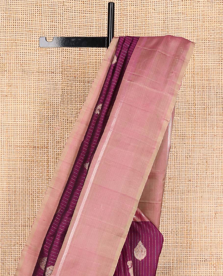 Purple zari buttas and striped Kanchipuram silk saree, contrast zari striped border, and contrast pallu of jaal design - Image 4