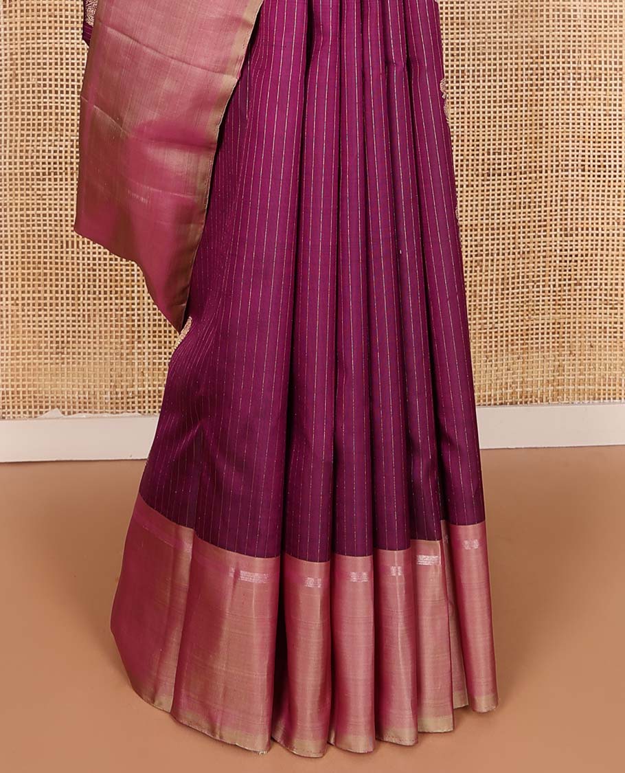 Purple zari buttas and striped Kanchipuram silk saree, contrast zari striped border, and contrast pallu of jaal design - Image 5
