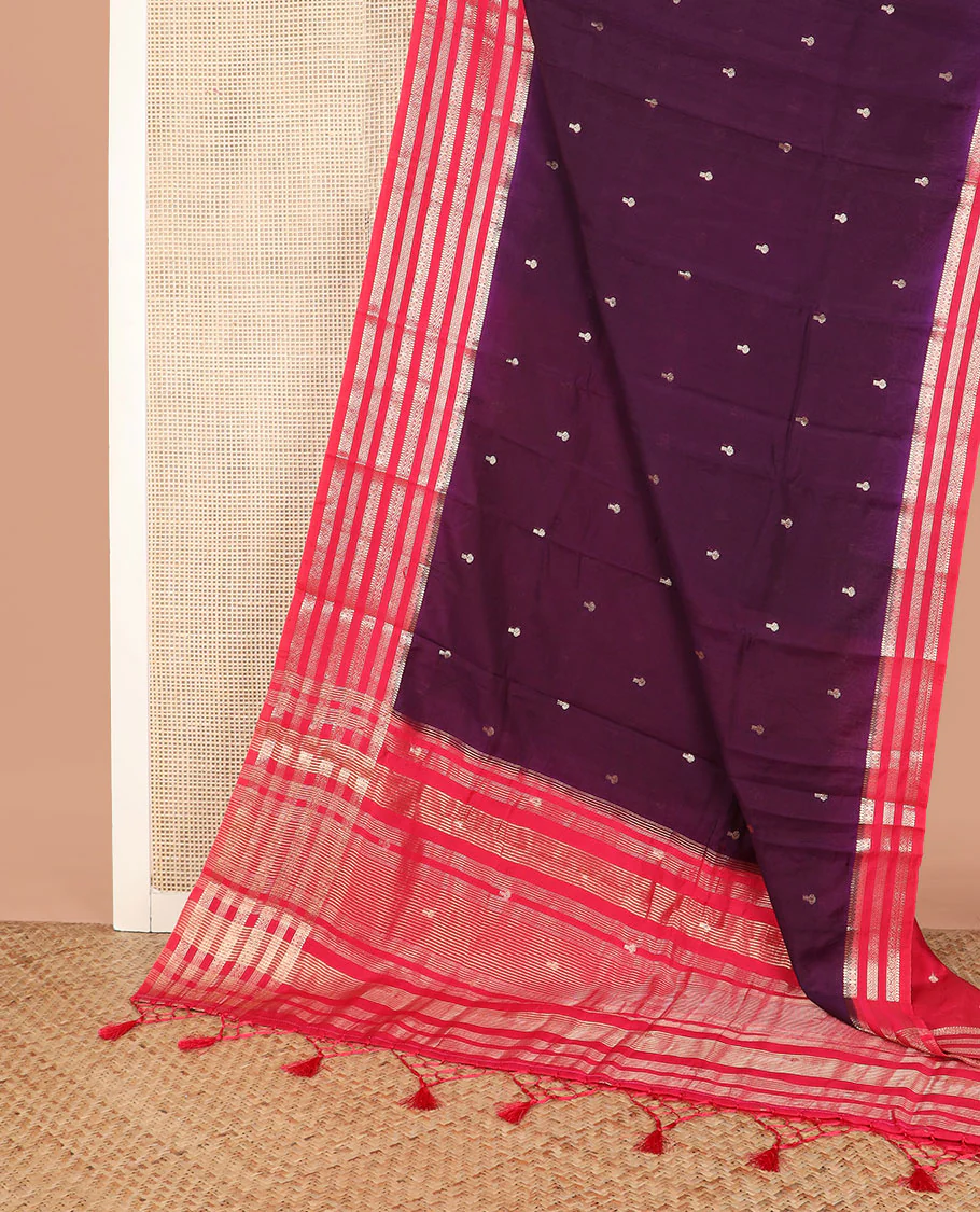 Purple zari buttas assam silk saree, contrast traditional zari border, and pallu of zari stripes - Image 2