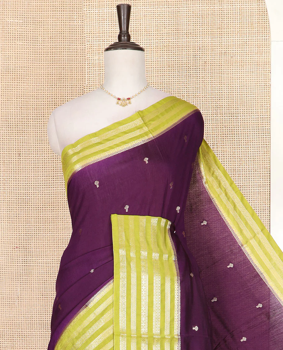 Purple zari buttas assam silk saree, contrast traditional zari motifs woven border, and zari striped pallu - Image 2