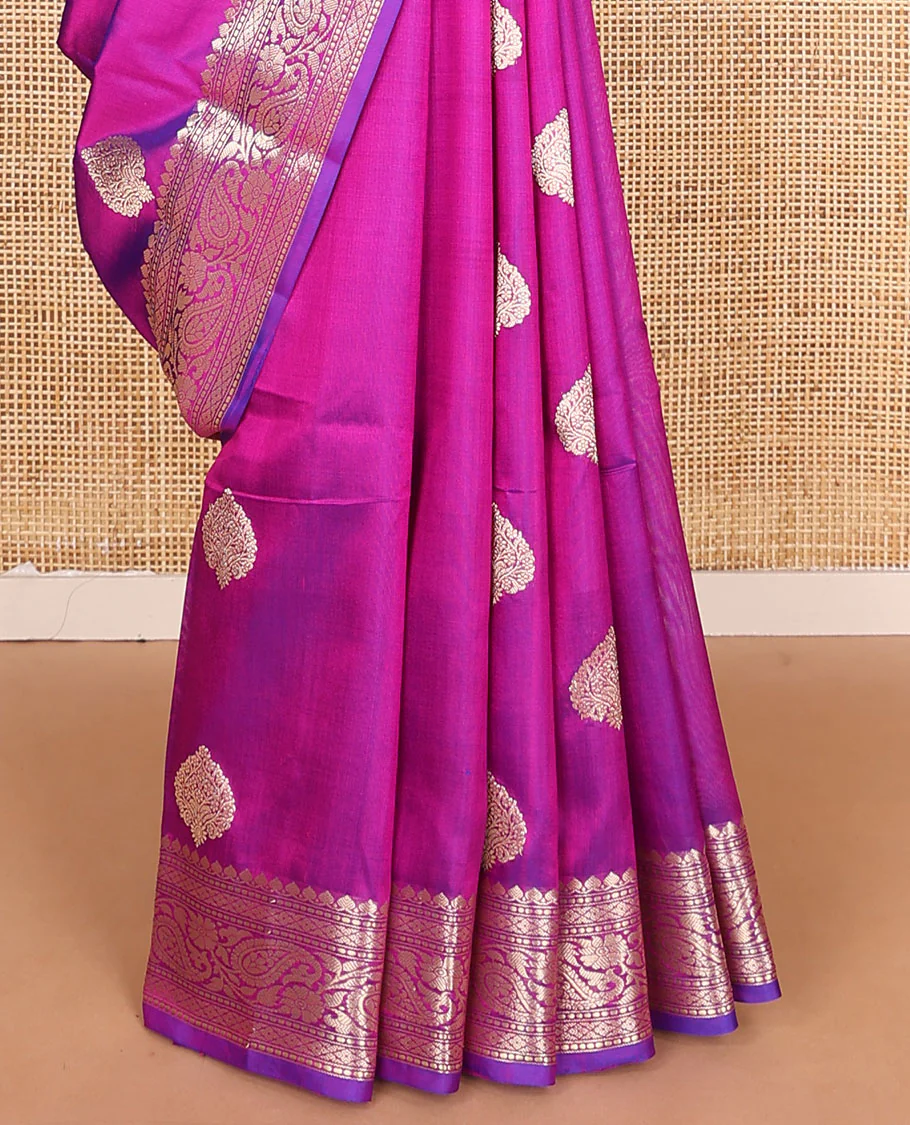Purple zari buttas kathan silk saree, traditional border of paisley creeper designs, and jaal pallu - Image 5